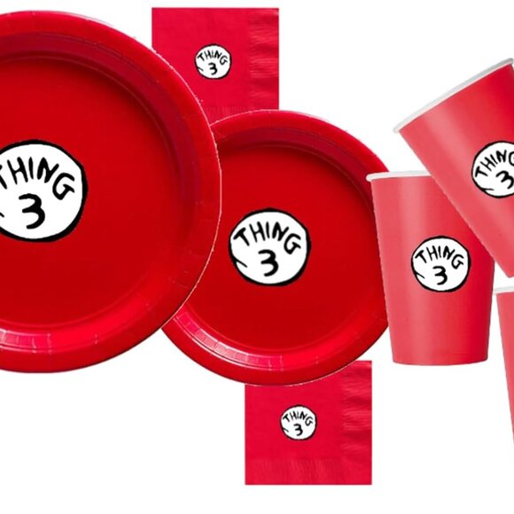 Custom 60 piece Thing 3 Birthday dinnerware Party Plates, cups and napkins: Red - Picture 3 of 3